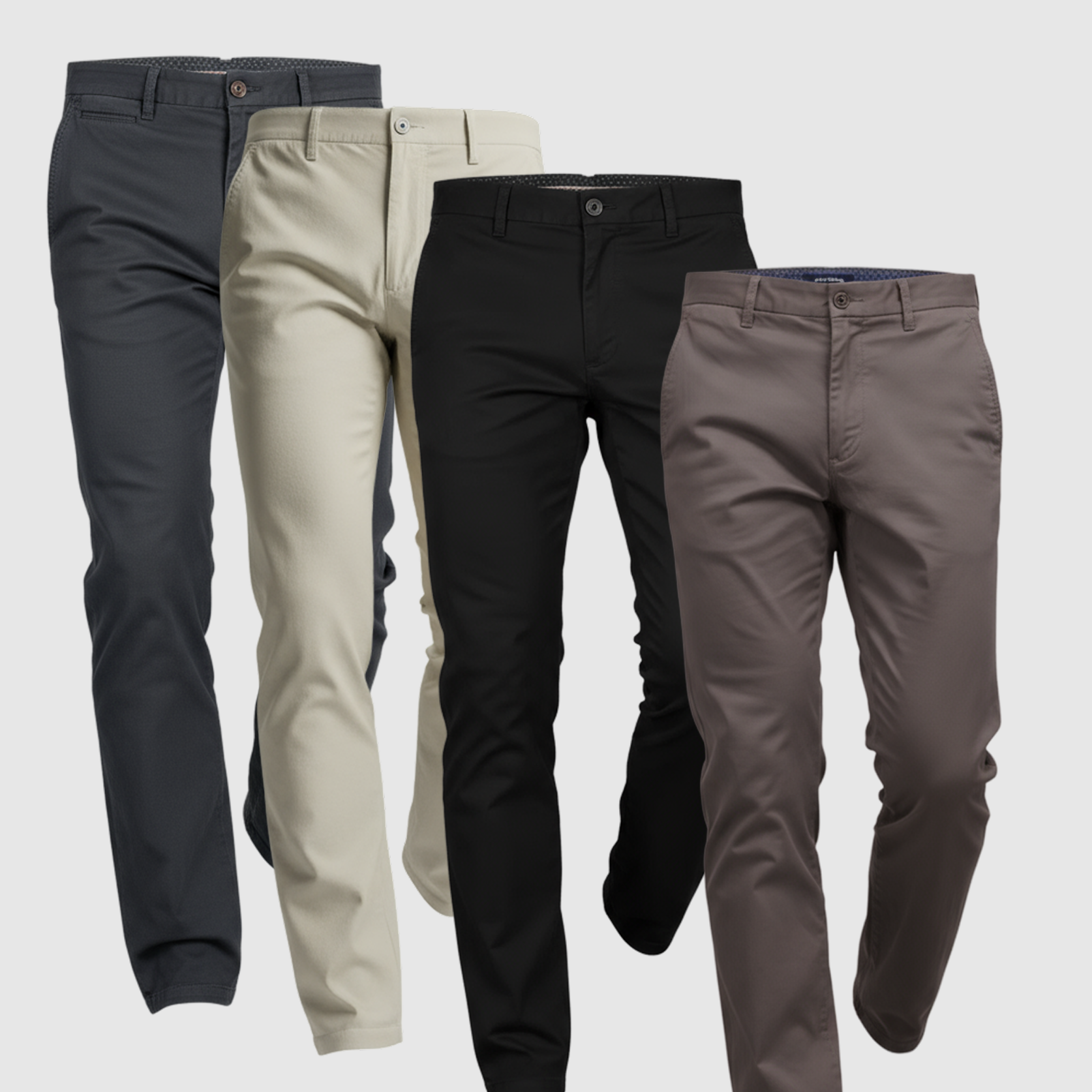 4 Pack Chinos: Light Khaki, Ink Blue, Faded Black, Solid Black