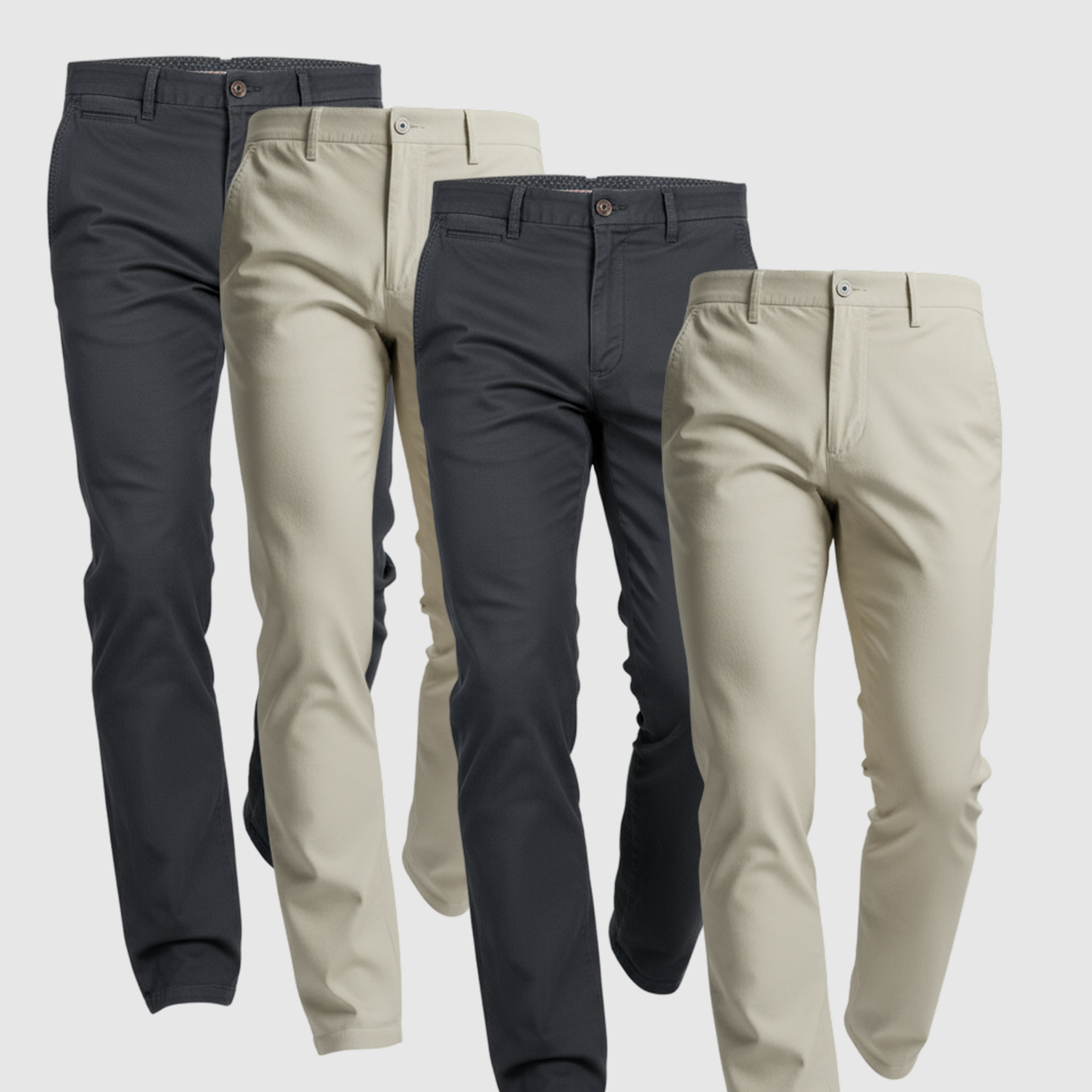 4 Pack Chinos: Ink Blue, Ink Blue, Light Khaki, Light Khaki