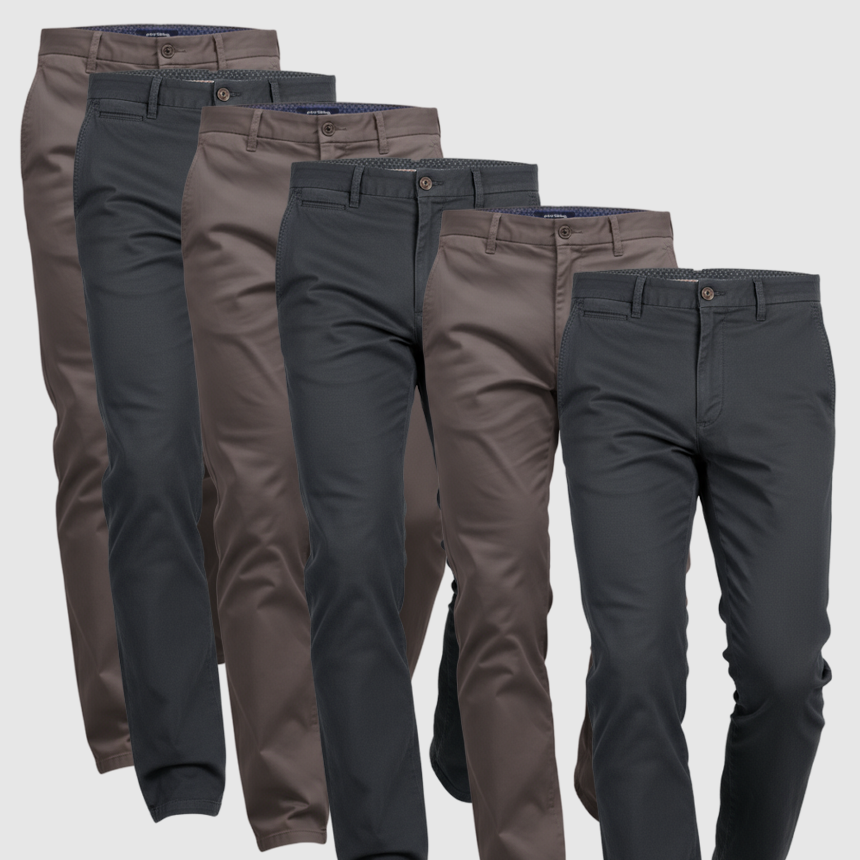 6 Pack Chinos: Ink Blue, Ink Blue, Ink Blue, Faded Black, Faded Black, Faded Black