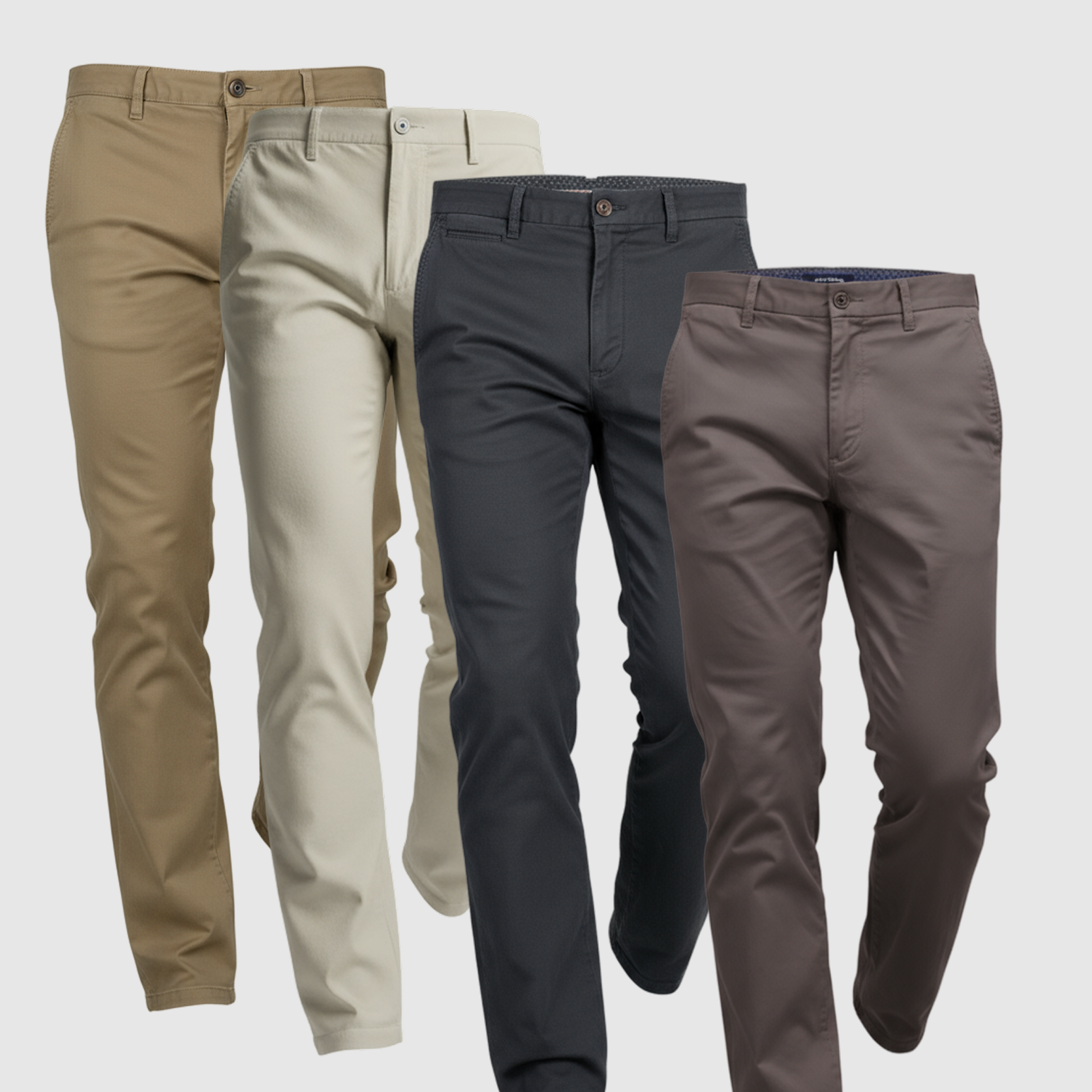 4 Pack Chinos:  Light Khaki, Dark Khaki, Ink Blue, Faded Black