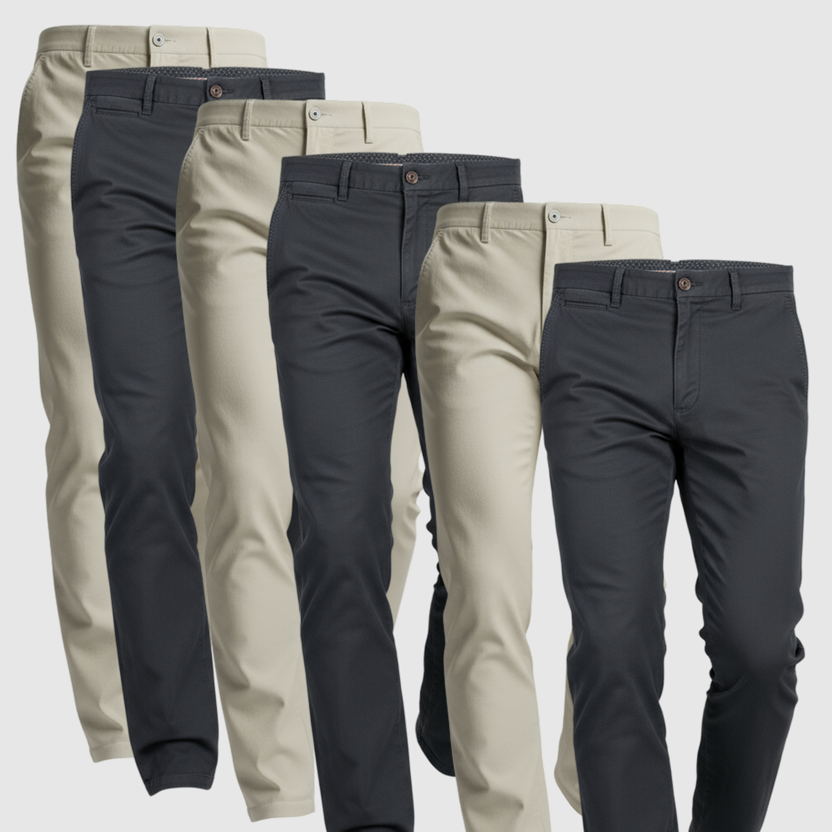 6 Pack Chinos: Light Khaki, Light Khaki, Light Khaki, Ink Blue, Ink Blue, Ink Blue